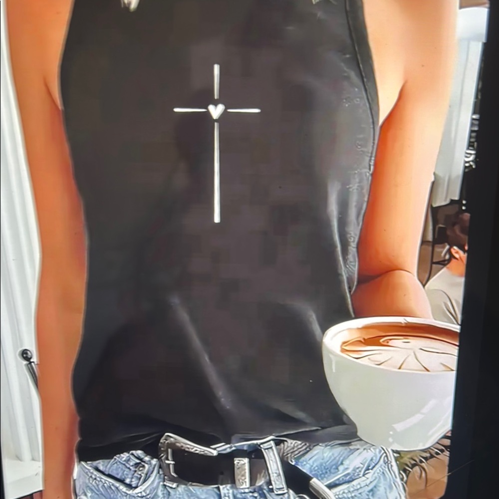 044 Black Cotton Tank Top with White Cross Design